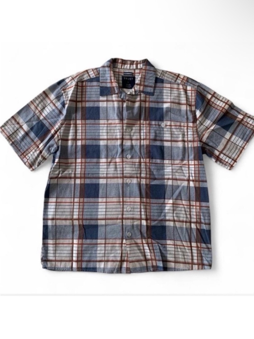 Trust Men's Retro Blue and Rust Plaid Button-Down Linen Blend Shirt Size L